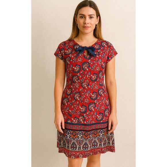 Madison Leigh Paisley Bow Short Sleeve Shift Dress 12 Red Casual Office Fall - Picture 1 of 6